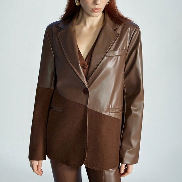 Brown Elegant Women's Style Asymmetrical Design Woven Fabric Patchwork Blazer - Picture 5 of 7